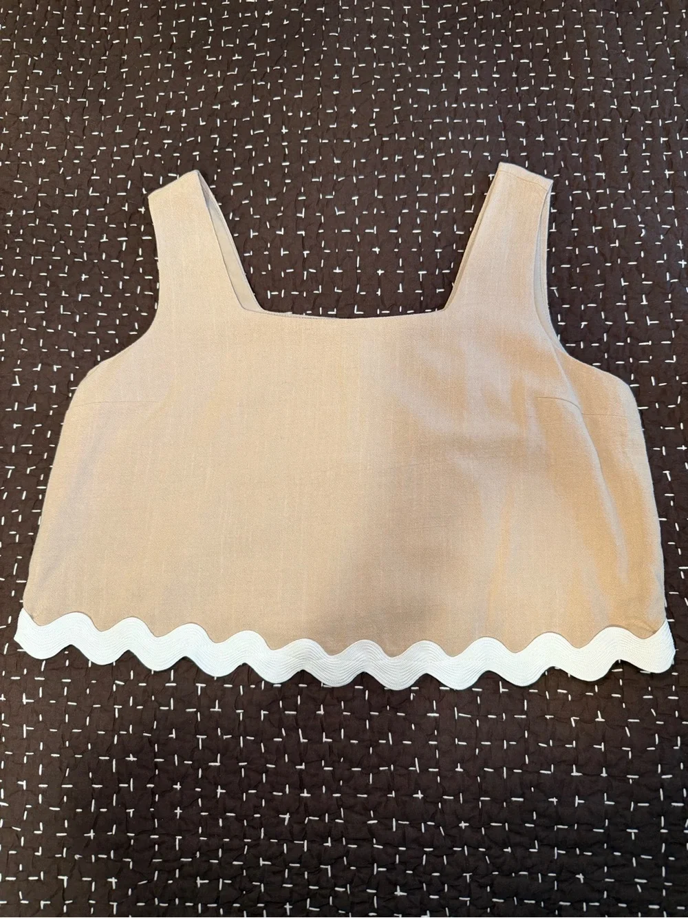 Beige Two-Piece Crop Top & Tiered Skirt Set with White Trim